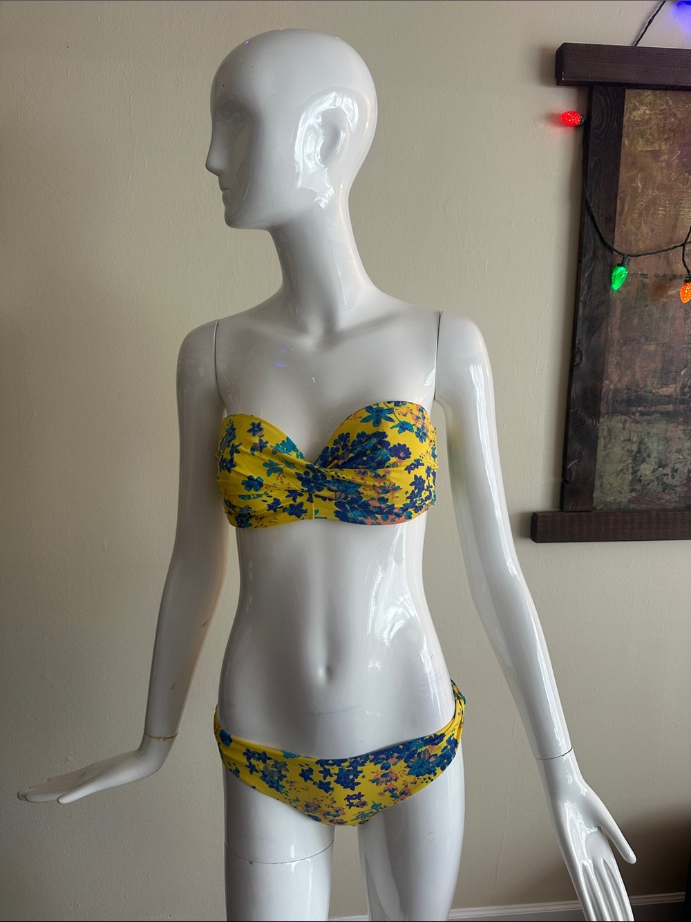 H&M Yellow Floral Bandeau Bikini with Blue Flowers